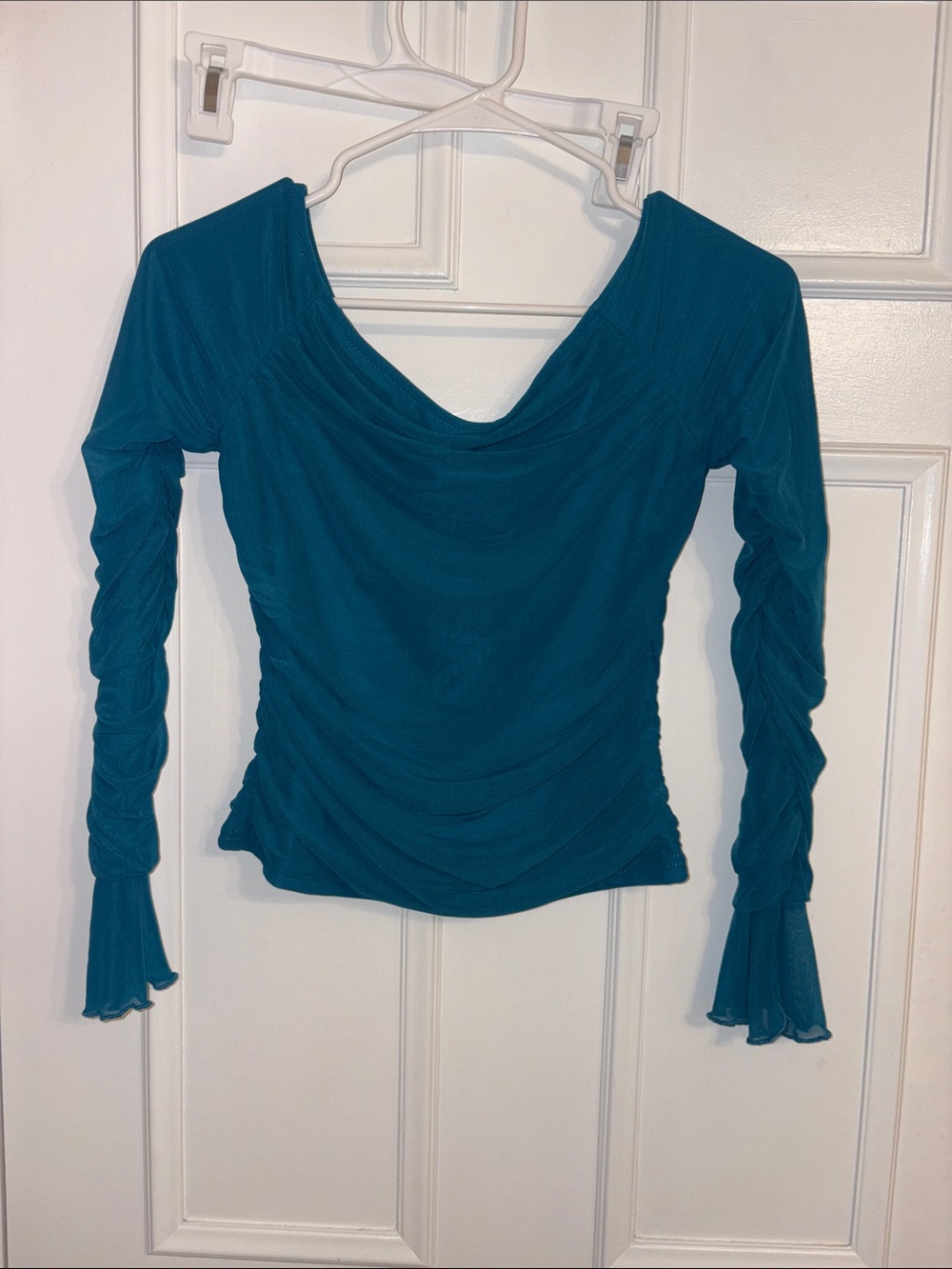 Teal Long-Sleeve Ruched Cowl Neck Top